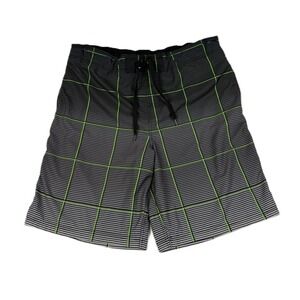 OP Board Shorts Mens Large Black Neon Green Stripe Zipper Pocket Drawstring READ